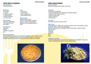 I Festival de Receitas                                                                               II Concurso de Receitas
TORTA DOCE DE GOIABADA                                                                          ARROZ BRASILEIRINHO
Casa da Esperança                                                                               Abrigo Júlia Miranda
Damácio Dino da Silva                                                                           Maria Lúcia de oliveira Firmino e Maria Lima de Souza


Ingredientes:                         Farofa:                                                   Ingredientes:
5 ovos inteiros                       ½ xícara de óleo                                          2 xícaras de arroz parboilizado
2 ½ açúcar                            ½ xícara de açúcar                                        1 xícara de brócolis (folha, flor e talo) cortado em pedaços pequenos
3 colheres de manteiga                1 colher de canela em pó                                  ½ xícara de cenoura ralada em ralo fino
2 ½ farinha de trigo                  1 xícara de farinha de trigo                              2 colheres de sopa de óleo
3 colheres de fermento                                                                          1 colher de chá de sal
2 ½ xícara de leite                   Modo de preparo:                                          4 xícaras de água
                                      despejar a farofa na massa.
Modo de preparo:                      Cortar em cubos pequenos a goiabada e                     Para decorar:
Passa tudo no liquidificador,         passar os mesmos na farinha de trigo.                     Talos inteiros de brócolis e flores de cenoura
 coloca para assar numa               Despejar os cubos de goiabada dentro da
fôrma untada.                         forma.                                                    Modo de fazer:
                                                                                                Refogar ligeiramente a cebola, o alho, a cenoura e o brócolis, colocar o arroz lavado e escorrido,
Ficha nutricional                                                                               acrescentar a água e o sal em uma vasilha tampada.
Carboidratos                                                                                    Depois de cozido colocar em uma travessa e decorar com brócolis e as flores de cenoura.
Proteínas                                                                                       Ficha nutricional
Vitaminas do complexo B                                                                         Carboidrato
zinco                                                                                           Carotenóides
                                                                                                Vitamina C
Benefícios dos nutrientes                                                                       Ferro
Fonte de energia;São importantes para a construção do organismo, como os músculos, ossos e      Folato
pele;Ajudam na manutenção da pele, colaboram no crescimento e deixam os cabelos mais
saudáveis e brilhantes;importante para o crescimento celular, imunidade e para o paladar.       Benefícios dos nutrientes
                                                                                                Produção de energia; diminui o risco de câncer e importante para a integridade da visão, pele e
                                                                                                mucosa; combate infecções e diminui o risco de doenças cardíacas.
 