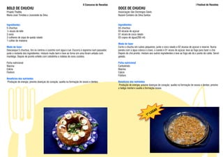 II Concurso de Receitas                                                                                I Festival de Receitas
BOLO DE CHUCHU                                                                                    DOCE DE CHUCHU
Projeto Thallita                                                                                  Associação São Domingos Sávio
Maria José Timóteo e Josicleide da Silva                                                          Nazaré Cordeiro da Silva Santos


Ingredientes:                                                                                     Ingredientes:
5 chuchus                                                                                         04 chuchus
½ xícara de leite                                                                                 03 xícaras de açúcar
3 ovos                                                                                            01 xícara de coco ralado
3 colheres de sopa de queijo ralado                                                               03 copos de água(200 ml)
1 colher de maisena
                                                                                                  Modo de fazer
Modo de fazer:                                                                                    Corte o chuchu em cubos pequenos, junte o coco ralado e 02 xícaras de açúcar e reserve. Numa
Descasque 5 chuchus, tire os centros e cozinhe com água e sal. Escorra e esprema num passador,    panela com a água coloca o cravo, a canela e 01 xícara de açúcar, leva ao fogo para fazer o chá.
junte o restante dos ingredientes misture muito bem e leve ao forno em uma foram untada com       Depois do chá pronto, misture aos outros ingredientes e leve ao fogo até dá o ponto de calda. Servir
manteiga. Depois de pronto enfeite com cebolinha e rodelas de ovos cozidos.                       gelado.

Ficha nutricional                                                                                 Ficha nutricional
Niacina                                                                                           Carboidrato
Cálcio                                                                                            Niacina
Fósforo                                                                                           Cálcio
                                                                                                  Fósforo
Benefícios dos nutrientes
Produção de energia; previne doenças do coração; auxilia na formação de ossos e dentes.           Benefícios dos nutrientes
                                                                                                   Produção de energia; previne doenças do coração; auxilia na formação de ossos e dentes; previne
                                                                                                  a fadiga mental e auxilia a formação óssea.




                                                                                                                                      R
                                                                                                                                    GA
                                                                                                                                 LU
                                                                                                                              1º
 