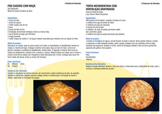 I Festival de Receitas                                                                                II Concurso de Receitas
PÃO CASEIRO COM MAÇÃ                                                                                 TORTA INCREMENTADA COM
Vila Aparecida                                                                                       HORTALIÇAS GRATINADAS
Maria de Cássia Cordeiro da Silva                                                                    Escola Central do Quilo
                                                                                                     Lacy Viana e Maria Gonçalves
Ingredientes:                                                                                        Ingredientes:
1 xícara de óleo                                                                                     500 gramas de hortaliças variadas cortadas em cubo
1 xícara de açúcar                                                                                   4 colheres de sopa de amido de milho
1 colher (sopa) rasa de sal                                                                          2 colheres de sopa de maionese
3 ovos                                                                                               2 xícaras de chá de leite
3 copos de leite morno                                                                               2 colheres de sopa de queijo parmesão ralado
2 envelopes de fermento biológico (mais ou menos 22g)                                                Sal e pimenta a gosto
1 kg de farinha de trigo sem fermento                                                                2 colheres de sopa de queijo parmesão para gratinar
3 maçãs grandes
1 colher (sopa) de canela e 1 de açúcar (deixar reservada para misturar com as maçãs no final).      Modo de preparo:
                                                                                                      Cozinhe as hortaliças em água e sal até ficarem al dente e reserve. Numa panela misture o amido,
Modo de preparo:                                                                                     a maionese e o leite mexendo sempre, junte o queijo, tempero com sal, pimenta e leve ao fogo,
Descascar as maçãs, bata as cascas junto com todos os ingredientes no liquidificador (exceto as      mexendo até engrossar. Despeje o creme sobre as hortaliças estante e leve ao forno quente pré-
maçãs e a farinha de trigo). Coloque a farinha numa bacia, faça um furo no meio, como uma            aquecido até gratinar. Sirva quente.
piscina e despeje o conteúdo do liquidificador, misture bem. O segredo é misturar bem.Corta as
maçãs em pedacinhos e mistura com a canela e o açúcar. Depois mistura as maçãs com a massa e         Ficha nutricional
coloca numa fôrma untada com margarina e deixa descansar por 2 horas. Coloque para assar em          Fibra
forno médio até dourar (mais ou menos 20 minutos).                                                   Carotenóides
                                                                                                      Niacina
Ficha nutricional
B1 Niacina        Ferro                                                                              Benefícios Dos Nutrientes
B2 Fósforo                                                                                           Regula a função intestinal; diminui o risco de câncer e importante para a integridade da visão, pele e
                                                                                                     mucosa e combate problemas de pele.
Benefícios dos nutrientes
Auxiliam a regulação do sistema nervoso, do crescimento, evitam problemas de pele, do aparelho
digestivo e queda dos cabelos; previne a fadiga mental e contribui para a formação de ossos e
dentes; importante na formação do sangue
 