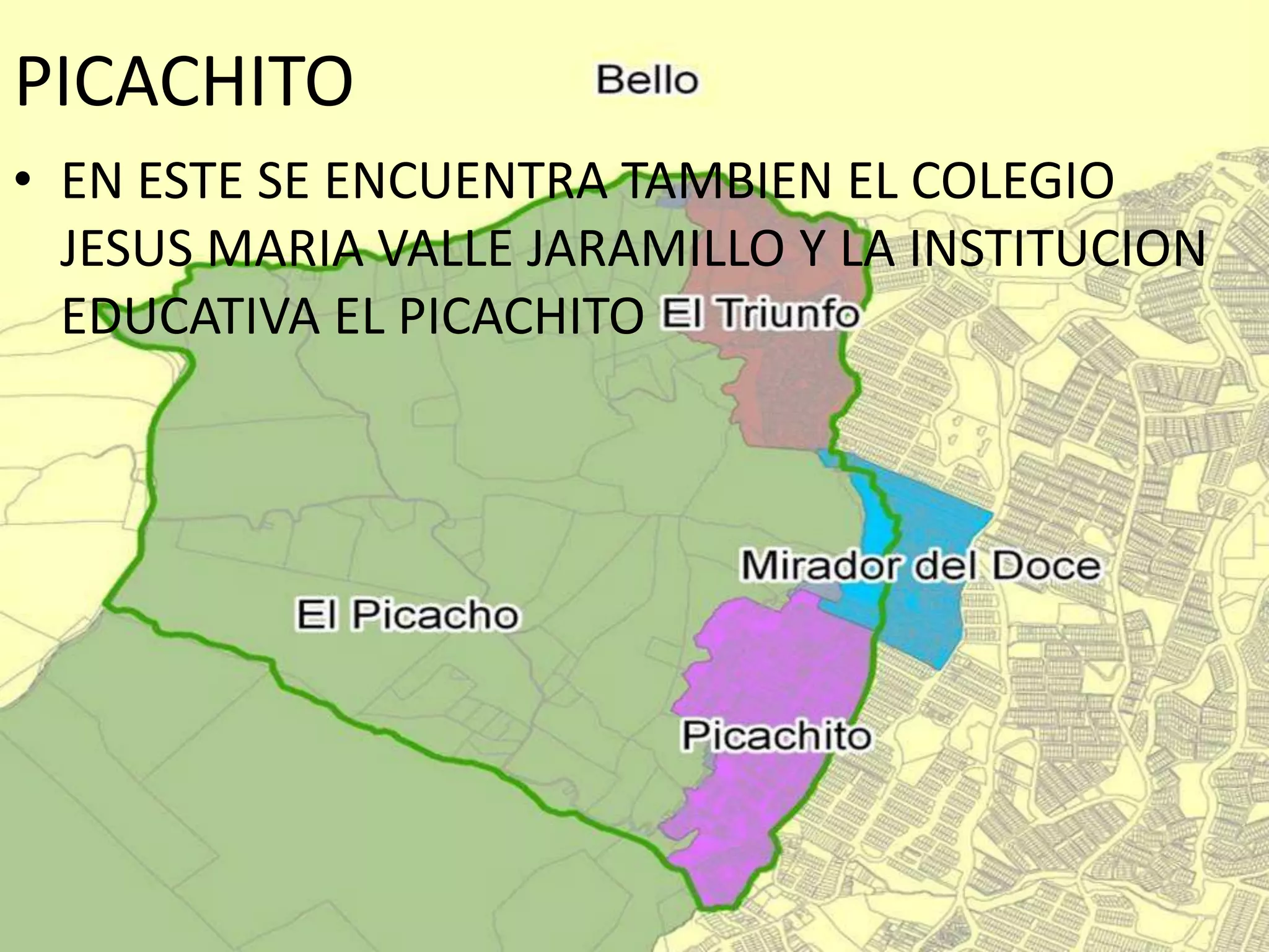 PICACHITO
• EN ESTE SE ENCUENTRA TAMBIEN EL COLEGIO
JESUS MARIA VALLE JARAMILLO Y LA INSTITUCION
EDUCATIVA EL PICACHITO
 
