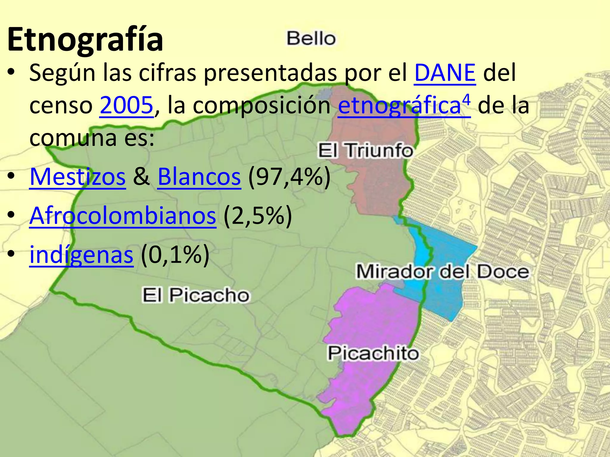 Etnografía
• Según las cifras presentadas por el DANE del
censo 2005, la composición etnográfica4 de la
comuna es:
• Mestizos & Blancos (97,4%)
• Afrocolombianos (2,5%)
• indígenas (0,1%)
 