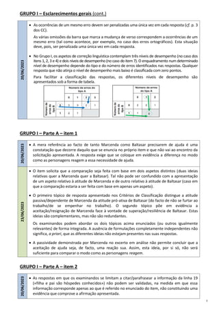 3
GRUPO I – Esclarecimentos gerais (cont.)
20/06/2023
 As ocorrências de um mesmo erro devem ser penalizadas uma única vez em cada resposta (cf. p. 3
dos CC).
As várias omissões da barra que marca a mudança de verso correspondem a ocorrências de um
mesmo erro (tal como acontece, por exemplo, no caso dos erros ortográficos). Esta situação
deve, pois, ser penalizada uma única vez em cada resposta.
 No Grupo I, os aspetos de correção linguística contemplam três níveis de desempenho (no caso dos
itens 1, 2, 3 e 4) e dois níveis de desempenho (no caso do item 7). O enquadramento num determinado
nível de desempenho depende do tipo e do número de erros identificados nas respostas. Qualquer
resposta que não atinja o nível de desempenho mais baixo é classificada com zero pontos.
Para facilitar a classificação das respostas, os diferentes níveis de desempenho são
apresentados sob a forma de tabela.
GRUPO I – Parte A – item 1
20/06/2023
 A mera referência ao facto de tanto Marcenda como Baltasar precisarem de ajuda é uma
constatação que decorre daquilo que se enuncia no próprio item e que não vai ao encontro da
solicitação apresentada. A resposta exige que se coloque em evidência a diferença no modo
como as personagens reagem a essa necessidade de ajuda.
23/06/2023
 O item solicita que a comparação seja feita com base em dois aspetos distintos (duas ideias
relativas quer a Marcenda quer a Baltasar). Tal não pode ser confundido com a apresentação
de um aspeto relativo à atitude de Marcenda e de outro relativo à atitude de Baltasar (caso em
que a comparação estaria a ser feita com base em apenas um aspeto).
 O primeiro tópico de resposta apresentado nos Critérios de Classificação distingue a atitude
passiva/dependente de Marcenda da atitude pró-ativa de Baltasar (do facto de não se furtar ao
trabalho/de se empenhar no trabalho). O segundo tópico põe em evidência a
aceitação/resignação de Marcenda face à vontade de superação/resiliência de Baltasar. Estas
ideias são complementares, mas não são redundantes.
Os examinandos podem abordar os dois tópicos acima enunciados (ou outros igualmente
relevantes) de forma integrada. A ausência de formulações completamente independentes não
significa, a priori, que as diferentes ideias não estejam presentes nas suas respostas.
 A passividade demonstrada por Marcenda no excerto em análise não permite concluir que a
aceitação de ajuda seja, de facto, uma reação sua. Assim, esta ideia, por si só, não será
suficiente para comparar o modo como as personagens reagem.
GRUPO I – Parte A – item 2
20/06/2023
 As respostas em que os examinandos se limitam a citar/parafrasear a informação da linha 19
(«filha e pai são hóspedes conhecidos») não podem ser validadas, na medida em que essa
informação corresponde apenas ao que é referido no enunciado do item, não constituindo uma
evidência que comprove a afirmação apresentada.
0
 