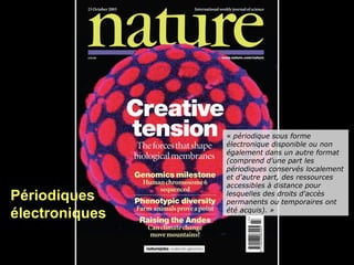 « périodique sous forme
                 électronique disponible ou non
                 également dans un autre format
                 (comprend d'une part les
                 périodiques conservés localement
                 et d'autre part, des ressources
                 accessibles à distance pour
Périodiques      lesquelles des droits d'accès
                 permanents ou temporaires ont
électroniques    été acquis). »




 16   26/01/11
 
