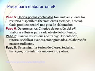 Pasos para elaborar un eP Paso 5 :  Decidir por los contenidos   tomando en cuenta los recursos disponibles (herramientas, tiempos, acceso). Cada producto tendrá una guía de elaboración.  Paso 6 :  Determinar los Criterios de revisión del eP .  Elaborar rúbricas para cada objeto del contenido. Paso 7 :  Planear las sesiones de trabajo. Orientación, tutoría, socializar avances cronogramados, colaboración entre estudiantes . Paso 8 :   Determinar la Sesión de Cierre. Socializar hallazgos, presentar los mejores eP, y otras. http://www.procetal.org/portafolio2.htm 