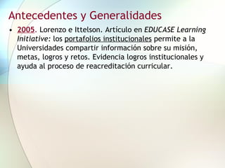 Antecedentes y Generalidades   2005 .  Lorenzo e Ittelson. Artículo en  EDUCASE Learning Initiative:  los  portafolios institucionales  permite a la Universidades compartir información sobre su misión, metas, logros y retos. Evidencia logros institucionales y ayuda al proceso de reacreditación curricular. 