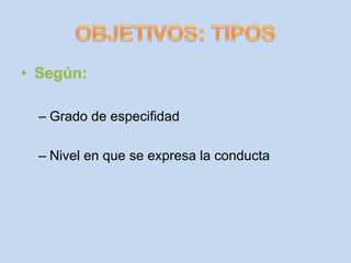 – Grado de especifidad

– Nivel en que se expresa la conducta
 