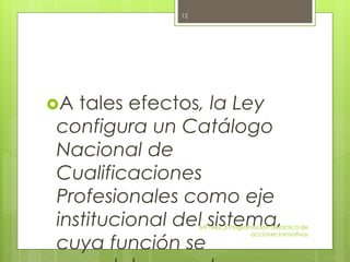 A tales efectos, la Ley
configura un Catálogo
Nacional de
Cualificaciones
Profesionales como eje
institucional del sistema,
cuya función se
MF1442_3 Programación didáctica de
acciones formativas
12
 