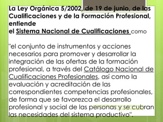 La Ley Orgánica 5/2002, de 19 de junio, de las
Cualificaciones y de la Formación Profesional,
entiende
el Sistema Nacional de Cualificaciones como
"el conjunto de instrumentos y acciones
necesarios para promover y desarrollar la
integración de las ofertas de la formación
profesional, a través del Catálogo Nacional de
Cualificaciones Profesionales, así como la
evaluación y acreditación de las
correspondientes competencias profesionales,
de forma que se favorezca el desarrollo
profesional y social de las personas y se cubran
las necesidades del sistema productivo".
MF1442_3 Programación didáctica de
acciones formativas
27
 