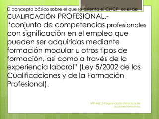 El concepto básico sobre el que se asienta el CNCP es el de
CUALIFICACIÓN PROFESIONAL.-
“conjunto de competencias profesionales
con significación en el empleo que
pueden ser adquiridas mediante
formación modular u otros tipos de
formación, así como a través de la
experiencia laboral” (Ley 5/2002 de las
Cualificaciones y de la Formación
Profesional).
MF1442_3 Programación didáctica de
acciones formativas
31
 