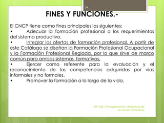 FINES Y FUNCIONES.-
El CNCP tiene como fines principales los siguientes:
• Adecuar la formación profesional a los requerimientos
del sistema productivo.
• Integrar las ofertas de formación profesional. A partir de
este Catálogo se diseñan la Formación Profesional Ocupacional
y la Formación Profesional Reglada, por lo que sirve de marco
común para ambos sistemas formativos.
• Ejercer como referente para la evaluación y el
reconocimiento de las competencias adquiridas por vías
informales y no formales.
• Promover la formación a lo largo de la vida.
MF1442_3 Programación didáctica de
acciones formativas
34
 