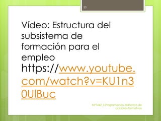 MF1442_3 Programación didáctica de
acciones formativas
53
https://www.youtube.
com/watch?v=KU1n3
0UlBuc
Vídeo: Estructura del
subsistema de
formación para el
empleo
 
