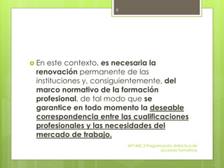  En este contexto, es necesaria la
renovación permanente de las
instituciones y, consiguientemente, del
marco normativo de la formación
profesional, de tal modo que se
garantice en todo momento la deseable
correspondencia entre las cualificaciones
profesionales y las necesidades del
mercado de trabajo.
MF1442_3 Programación didáctica de
acciones formativas
8
 