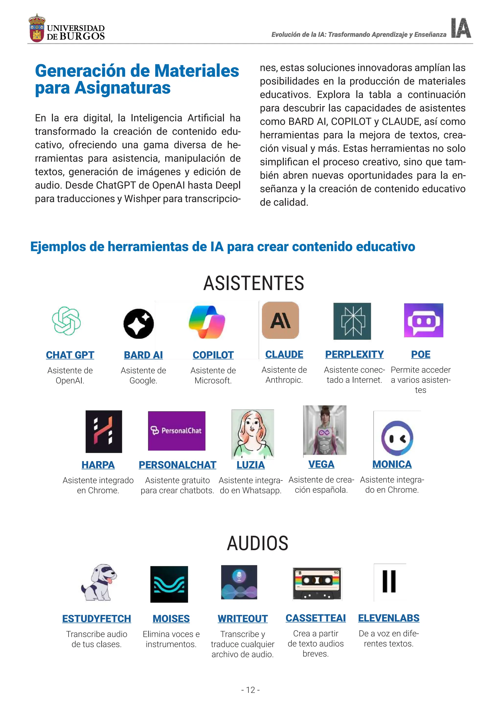 - 12 -
Generación de Materiales
para Asignaturas
En la era digital, la Inteligencia Artificial ha
transformado la creación de contenido edu-
cativo, ofreciendo una gama diversa de he-
rramientas para asistencia, manipulación de
textos, generación de imágenes y edición de
audio. Desde ChatGPT de OpenAI hasta Deepl
para traducciones y Wishper para transcripcio-
nes, estas soluciones innovadoras amplían las
posibilidades en la producción de materiales
educativos. Explora la tabla a continuación
para descubrir las capacidades de asistentes
como BARD AI, COPILOT y CLAUDE, así como
herramientas para la mejora de textos, crea-
ción visual y más. Estas herramientas no solo
simplifican el proceso creativo, sino que tam-
bién abren nuevas oportunidades para la en-
señanza y la creación de contenido educativo
de calidad.
Evolución de la IA: Trasformando Aprendizaje y Enseñanza
ASISTENTES
CHAT GPT
Asistente de
OpenAI.
BARD AI
Asistente de
Google.
COPILOT
Asistente de
Microsoft.
CLAUDE
Asistente de
Anthropic.
PERPLEXITY
Asistente conec-
tado a Internet.
POE
Permite acceder
a varios asisten-
tes
HARPA
Asistente integrado
en Chrome.
PERSONALCHAT
Asistente gratuito
para crear chatbots.
LUZIA
Asistente integra-
do en Whatsapp.
VEGA
Asistente de crea-
ción española.
MONICA
Asistente integra-
do en Chrome.
AUDIOS
ESTUDYFETCH
Transcribe audio
de tus clases.
MOISES
Elimina voces e
instrumentos.
WRITEOUT
Transcribe y
traduce cualquier
archivo de audio.
CASSETTEAI
Crea a partir
de texto audios
breves.
ELEVENLABS
De a voz en dife-
rentes textos.
Ejemplos de herramientas de IA para crear contenido educativo
Evolución de la IA: Trasformando Aprendizaje y Enseñanza
 