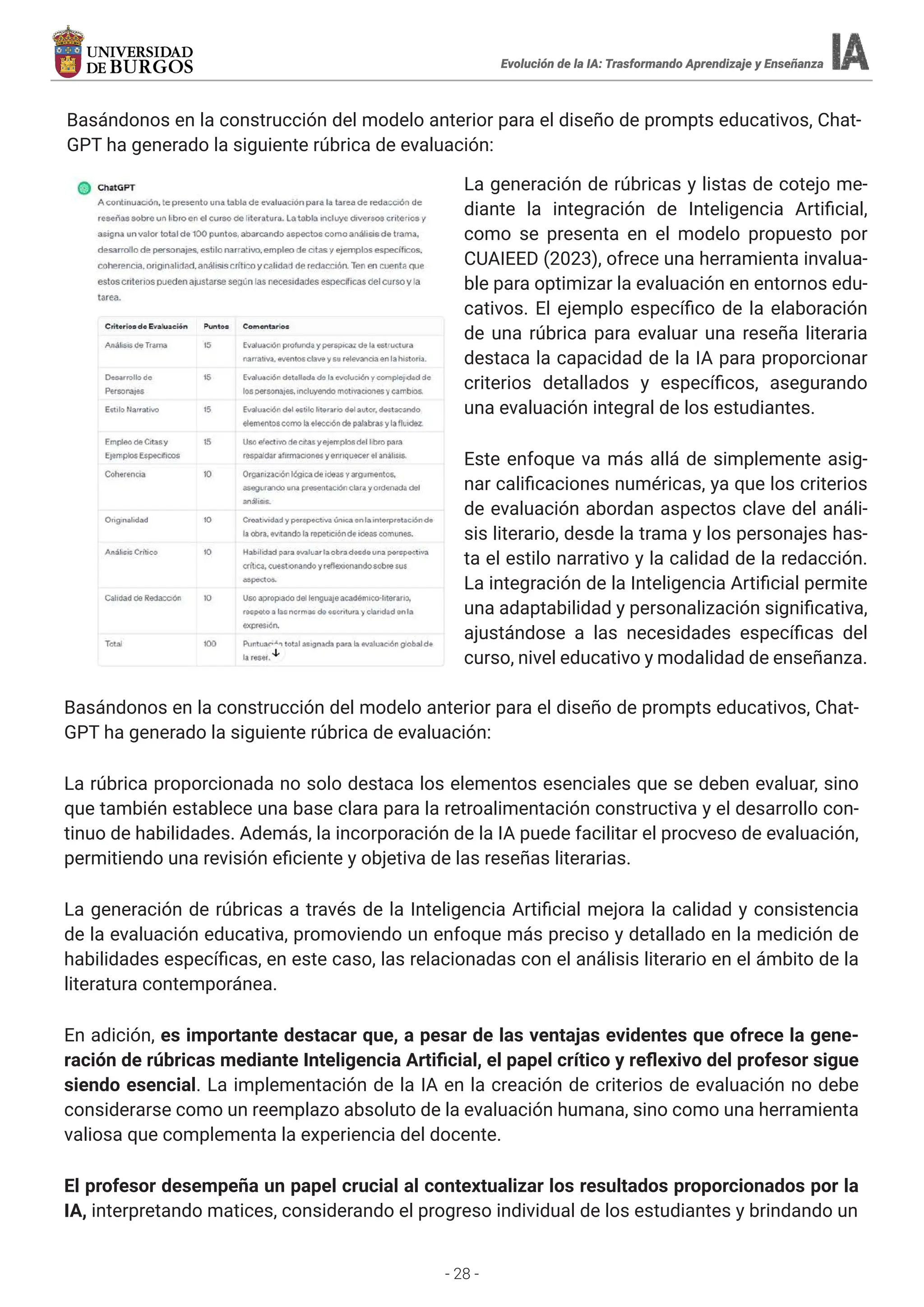 - 28 -
Evolución de la IA: Trasformando Aprendizaje y Enseñanza
Evolución de la IA: Trasformando Aprendizaje y Enseñanza
Basándonos en la construcción del modelo anterior para el diseño de prompts educativos, Chat-
GPT ha generado la siguiente rúbrica de evaluación:
Basándonos en la construcción del modelo anterior para el diseño de prompts educativos, Chat-
GPT ha generado la siguiente rúbrica de evaluación:
La rúbrica proporcionada no solo destaca los elementos esenciales que se deben evaluar, sino
que también establece una base clara para la retroalimentación constructiva y el desarrollo con-
tinuo de habilidades. Además, la incorporación de la IA puede facilitar el procveso de evaluación,
permitiendo una revisión eficiente y objetiva de las reseñas literarias.
La generación de rúbricas a través de la Inteligencia Artificial mejora la calidad y consistencia
de la evaluación educativa, promoviendo un enfoque más preciso y detallado en la medición de
habilidades específicas, en este caso, las relacionadas con el análisis literario en el ámbito de la
literatura contemporánea.
En adición, es importante destacar que, a pesar de las ventajas evidentes que ofrece la gene-
ración de rúbricas mediante Inteligencia Artificial, el papel crítico y reflexivo del profesor sigue
siendo esencial. La implementación de la IA en la creación de criterios de evaluación no debe
considerarse como un reemplazo absoluto de la evaluación humana, sino como una herramienta
valiosa que complementa la experiencia del docente.
El profesor desempeña un papel crucial al contextualizar los resultados proporcionados por la
IA, interpretando matices, considerando el progreso individual de los estudiantes y brindando un
La generación de rúbricas y listas de cotejo me-
diante la integración de Inteligencia Artificial,
como se presenta en el modelo propuesto por
CUAIEED (2023), ofrece una herramienta invalua-
ble para optimizar la evaluación en entornos edu-
cativos. El ejemplo específico de la elaboración
de una rúbrica para evaluar una reseña literaria
destaca la capacidad de la IA para proporcionar
criterios detallados y específicos, asegurando
una evaluación integral de los estudiantes.
Este enfoque va más allá de simplemente asig-
nar calificaciones numéricas, ya que los criterios
de evaluación abordan aspectos clave del análi-
sis literario, desde la trama y los personajes has-
ta el estilo narrativo y la calidad de la redacción.
La integración de la Inteligencia Artificial permite
una adaptabilidad y personalización significativa,
ajustándose a las necesidades específicas del
curso, nivel educativo y modalidad de enseñanza.
 
