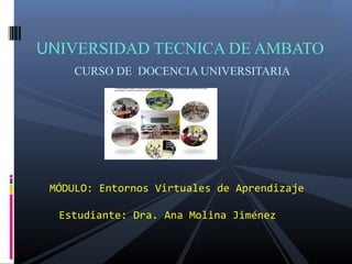 UNIVERSIDAD TECNICA DE AMBATO
CURSO DE DOCENCIA UNIVERSITARIA
MÓDULO: Entornos Virtuales de Aprendizaje
Estudiante: Dra. Ana Molina Jiménez
 