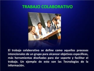 TRABAJO COLABORATIVO




El trabajo colaborativo se define como aquellos procesos
intencionales de un grupo para alcanzar objetivos específicos,
más herramientas diseñadas para dar soporte y facilitar el
trabajo. Un ejemplo de esto son las Tecnologías de la
información.
 