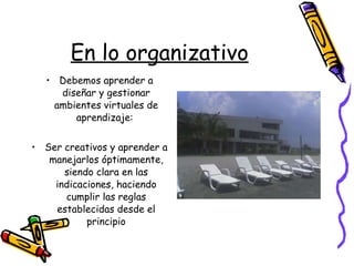 En lo organizativo Debemos aprender a diseñar y gestionar ambientes virtuales de aprendizaje:  Ser creativos y aprender a manejarlos óptimamente, siendo clara en las indicaciones, haciendo cumplir las reglas establecidas desde el principio 