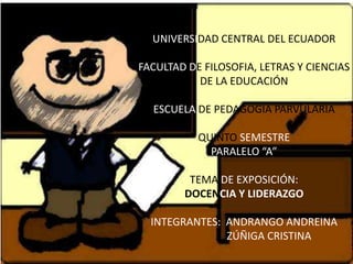UNIVERSIDAD CENTRAL DEL ECUADOR

FACULTAD DE FILOSOFIA, LETRAS Y CIENCIAS
DE LA EDUCACIÓN
ESCUELA DE PEDAGOGIA PARVULARIA
QUINTO SEMESTRE
PARALELO “A”
TEMA DE EXPOSICIÓN:
DOCENCIA Y LIDERAZGO
INTEGRANTES: ANDRANGO ANDREINA
ZÚÑIGA CRISTINA

 