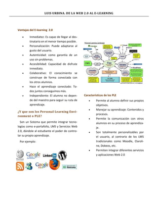 LUIS URBINA. DE LA WEB 2.0 AL E-LEARNING




Ventajas del E-learning 2.0

   •     Inmediatez: Es capaz de llegar al des-
         tinatario en el menor tiempo posible.
   •     Personalización: Puede adaptarse al
         gusto del usuario.
   •     Autenticidad: como garantía de un
         uso sin problemas.
   •     Accesibilidad: Capacidad de disfrute
         inmediato.
   •     Colaborativo: El conocimiento se
         construye de forma conectada con
         los otros alumnos.
   •     Hace el aprendizaje conectado: To-
         dos juntos conseguimos más.
   •     Independiente: El alumno no depen-       Características de los PLE
         de del maestro para seguir su ruta de       •     Permite al alumno definir sus propios
         aprendizaje.                                      objetivos.
                                                     •     Manejar su aprendizaje: Contenidos y
¿Y que son los Personal Learning Envi-
                                                           procesos.
ronment o PLE?
                                                     •     Permite la comunicación con otros
  Son un Sistema que permite integrar tecno-               alumnos en su proceso de aprendiza-
logías como e-portafolio, LMS y Servicios Web              je.
2.0, dándole al estudiante el poder de contro-       •     Son totalmente personalizables por
lar su propio aprendizaje.                                 el usuario, al contrario de los LMS
 Por ejemplo:                                              tradicionales como Moodle, Claroli-
                                                           ne, Dokeos, etc.
                                                     •     Permiten integrar diferentes servicios
                                                           y aplicaciones Web 2.0
 