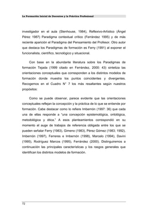 La Formación Inicial de Docentes y la Práctica Profesional
investigador en el aula (Stenhouse, 1984), Reflexivo-Artístico (Ángel
Pérez 1987) Paradigma contextual crítico (Ferrández 1995) y de más
reciente aparición el Paradigma del Pensamiento del Profesor. Otro autor
que destaca los Paradigmas de formación es Ferry (1991) al exponer el
funcionalista, científico, tecnológico y situacional.
Con base en la abundante literatura sobre los Paradigmas de
formación Tejada (1999 citado en Ferrández, 2000: 43) sintetiza las
orientaciones conceptuales que corresponden a los distintos modelos de
formación donde muestra los puntos coincidentes y divergentes.
Recogemos en el Cuadro N° 7 los más resaltantes según nuestros
propósitos:
Como se puede observar, parece evidente que las orientaciones
conceptuales reflejan la concepción y la práctica de lo que se entiende por
formación. Cabe destacar como lo refiere Imbernón (1997: 36) que cada
una de ellas responde a “una concepción epistemológica, ontológica,
metodológica y ética.” A esos planteamientos correspondió en su
momento el auge de trabajos de referencia obligada entre los que se
pueden señalar Ferry (1983), Gimeno (1983), Pérez Gómez (1983; 1992),
Imbernón (1997), Ferreres e Imbernón (1998), Marcelo (1994), Davini
(1995), Rodríguez Marcos (1995), Ferrández (2000). Distinguiremos a
continuación las principales características y los rasgos generales que
identifican los distintos modelos de formación.
72
 