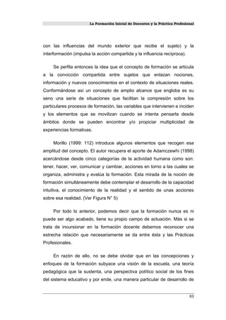 La Formación Inicial de Docentes y la Práctica Profesional
con las influencias del mundo exterior que recibe el sujeto) y la
ínterformación (impulsa la acción compartida y la influencia recíproca).
Se perfila entonces la idea que el concepto de formación se articula
a la convicción compartida entre sujetos que enlazan nociones,
información y nuevos conocimientos en el contexto de situaciones reales.
Conformándose así un concepto de amplio alcance que engloba es su
seno una serie de situaciones que facilitan la compresión sobre los
particulares procesos de formación, las variables que intervienen e inciden
y los elementos que se movilizan cuando se intenta pensarla desde
ámbitos donde se pueden encontrar y/o propiciar multiplicidad de
experiencias formativas.
Morillo (1999: 112) introduce algunos elementos que recogen esa
amplitud del concepto. El autor recupera el aporte de Adamczewhi (1998)
acercándose desde cinco categorías de la actividad humana como son:
tener, hacer, ver, comunicar y cambiar, acciones en torno a las cuales se
organiza, administra y evalúa la formación. Esta mirada de la noción de
formación simultáneamente debe contemplar el desarrollo de la capacidad
intuitiva, el conocimiento de la realidad y el sentido de unas acciones
sobre esa realidad. (Ver Figura N° 5)
Por todo lo anterior, podemos decir que la formación nunca es ni
puede ser algo acabado, tiene su propio campo de actuación. Más si se
trata de incursionar en la formación docente debemos reconocer una
estrecha relación que necesariamente se da entre ésta y las Prácticas
Profesionales.
En razón de ello, no se debe olvidar que en las concepciones y
enfoques de la formación subyace una visión de la escuela, una teoría
pedagógica que la sustenta, una perspectiva político social de los fines
del sistema educativo y por ende, una manera particular de desarrollo de
63
 