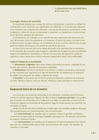 La alimentación: una necesidad básica
                                                        de los seres vivos




Conceptos básicos de nutrición
    Es importante destacar que, aunque los términos alimentación y nutrición se utilizan fre-
cuentemente como sinónimos, sus significados son diferentes. La nutrición hace referencia
a los nutrientes que componen los alimentos y al conjunto de procesos involuntarios, como
la digestión y absorción de sus componentes o nutrientes, su metabolismo y la eliminación
de los desechos celulares del organismo.
    La alimentación, sin embargo, es un conjunto de actos voluntarios que abarcan la elec-
ción del alimento, cómo lo preparamos y lo comemos. El hecho de comer y el modo como
lo hacemos tiene una gran relación con el ambiente en el que vivimos y determinan, en gran
parte, los hábitos alimentarios y los estilos de vida de las personas.
    La ciencia de la nutrición tiene como objeto de estudio a los nutrientes que se encuentran
en los alimentos (las sustancias que se digieren y absorben por el organismo para ser utilizadas
luego en el metabolismo intermedio), su función, las reacciones del organismo cuando los
ingerimos y cómo interaccionan dichos nutrientes respecto de la salud y de la enfermedad.

FASES O ETAPAS DE LA NUTRICIÓN
   1. Alimentación y digestión: tiene como objetivo primordial incorporar y degradar los ali-
mentos para extraer y absorber las sustancias utilizables.
   2. Metabolismo: durante el metabolismo se utilizan la materia y la energía suministrada
por los nutrientes que ingerimos en la fase de alimentación. El metabolismo se realiza en
las células que componen los tejidos y órganos del cuerpo.
   3. Excreción: es el proceso por el cual se produce la liberación o desecho de productos
no útiles. Muchos órganos como los riñones, intestinos o piel, participan en este proceso.



Composición básica de los alimentos
    Los nutrientes son sustancias contenidas en los alimentos, necesarias para el funciona-
miento normal del organismo. Algunos de ellos se llaman nutrientes esenciales: son aquellos
que no pueden ser producidos por el organismo y/o deben ser aportados a través de la ali-
mentación (algunos aminoácidos de las proteínas, algunos ácidos grasos, las vitaminas, los
minerales y el agua).
    Desde el punto de vista de la cantidad que se debe ingerir de nutrientes, podemos distinguir
dos grandes grupos: los macronutrientes y los micronutrientes.
      Los macronutrientes son aquellos que se requieren a diario en grandes cantidades y
suministran la mayor parte de la energía metabólica del organismo. Por ejemplo, los hidratos
de carbono, proteínas y lípidos.
      Los micronutrientes son aquellos que el organismo necesita en pequeñas dosis diarias,
pero que son indispensables para el buen funcionamiento del cuerpo. Por ejemplo, las
vitaminas y minerales.

                                                                                                   • 57 •
 