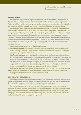 La alimentación: una necesidad básica
                                                       de los seres vivos




LAS PROTEÍNAS
    Las proteínas son sustancias orgánicas esenciales para el crecimiento y la reparación de
tejidos, el buen funcionamiento y la estructura de todas las células de nuestro organismo.
Todas las células y tejidos contienen proteínas: las encontramos, por ejemplo, en los músculos,
los huesos, el pelo, las uñas y la piel. Llegan a constituir el 20% del peso corporal total.
    Las proteínas están constituidas químicamente a partir de 22 sustancias fundamentales
denominadas aminoácidos, de los cuales 9 son “esenciales”, (no pueden ser sintetizados por
el organismo y deben ingerirse con los alimentos). Al igual que las letras del sistema alfabé-
tico, pueden combinarse de millones de formas diferentes para crear "palabras" y todo un
"lenguaje" proteico. Según la secuencia en la que se combinen, la proteína resultante llevará
a cabo una función específica en el organismo. Cuando no incluimos la cantidad suficiente
de algún tipo de aminoácido, nuestro organismo no puede utilizar de manera eficiente las
demás proteínas.
    Podemos encontrar proteínas en distintos alimentos.
    Las fuentes animales de proteínas, como la carne, el pescado, los huevos, la leche, el
    queso y el yogur proveen o aportan todos los aminoácidos esenciales en las cantidades
    necesarias que requiere el organismo.
    Las fuentes vegetales, como las legumbres, los cereales, los frutos secos, las semillas y
    las verduras suelen proveer menor cantidad de alguno de los aminoácidos esenciales. Sin
    embargo, como el aminoácido limitante (el que se encuentra en menor cantidad) suele
    ser distinto de acuerdo con tipo de vegetal, la combinación de varios alimentos de este
    origen en la misma comida (por ejemplo, legumbres con cereales) puede cubrir los
    requerimientos de forma similar que las proteínas de origen animal.
    Del total de la energía proveniente de los alimentos, entre el 10% y el 15% debe proceder
de las proteínas, para lograr un buen crecimiento y reparación de los tejidos corporales.
    Cada gramo de proteína aporta cuatro kilocalorías (kcal).

LOS HIDRATOS DE CARBONO
   Los hidratos de carbono constituyen uno de los tres principales nutrientes. Junto con las
grasas y las proteínas aportan energía al cuerpo humano para que este realice eficientemente
las actividades cotidianas como trabajar, estudiar o jugar, entre otras.
   Son compuestos de carbono, hidrógeno y oxígeno que se presentan con estructuras
químicas de menor o mayor complejidad. Los carbohidratos más sencillos (monosacáridos
y disacáridos) son conocidos como azúcares. Los polisacáridos tienen estructuras más
complejas. Esta clasificación también refleja la rapidez y facilidad con la que el hidrato de
carbono es digerido y absorbido por el organismo.




                                                                                                  • 59 •
 