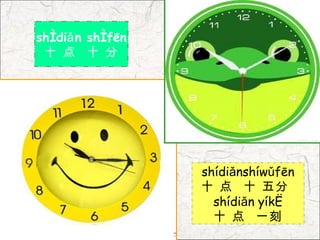 shídiǎ n shífēn
 十 点 十 分




                  shídiǎnshíwǔfēn
                  十 点 十 五分
                    shídiǎn yíkè
                    十 点 一刻
 