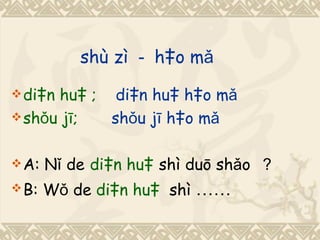 shù zì － hào mǎ
 diànhuà ; diàn huà hào mǎ
 shǒu jī;  shǒu jī hào mǎ

 A:   Nǐ de diàn huà shì duō shǎo ？
 B:   Wǒ de diàn huà shì ……
 