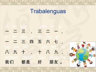 Trabalenguas

yī èr    sān ，      sān èr yī ，
一 二      三 ，       三 二 一 ，
yī èr    sān sì    wǔ liù qī ，
一 二      三 四       五 六 七 ，
bā jiǔ    shí ，      shí bā jiǔ ，
八 九      十 ，       十 八 九 ，
wǒmen     dōushì   hǎo pénɡyǒu 。
我们       都是        好     朋友 。
 