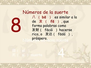 Números de la suerte


8
         八 （ bā ） es similar a la
         de 发 （ fā ） , que
         forma palabras como
         发财（ fācái ） hacerse
         rico, o 发达（ fādá ） ,
         próspero.
    Números de mala suerte

四（ sì ）
死（ sǐ ） muerte        4
 