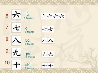 liù
6    4 trazos



7     qī
     2 trazos


8     bā
     2 trazos


9     jiǔ
      2 trazos

10    shí
     2 trazos
 
