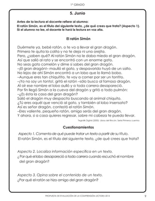 9
1° GRADO
PROPUESTA DE EVALUACIÓN DE LA COMPRENSIÓN LECTORA 2014
5. Junio
El ratón Simón
Duérmete ya, bebé ratón, o te va a llevar el gran dragón.
Primero te quita la colita y no te deja ni una orejita.
Pero, ¿saben qué? Al ratón Simón no le daba miedo el gran dragón.
Así que salió al rato y se encontró con un enorme gato.
No seas gato comelón y dime si sabes del gran dragón.
–¡El gran dragón!– maulló el gato, y despavorido huyó de un salto.
No lejos de ahí Simón encontró a un lobo que lo llamó bobo.
–Aunque eres tan chiquitito, te voy a comer por ser un tontito.
–¡Yo no soy un tonto!, gritó el ratón –sólo busco al famoso dragón.
Al oír ese nombre el lobo aulló y a toda carrera desapareció.
Por fín llegó Simón a la cueva del dragón y gritó a todo pulmón:
–¿Es ésta la casa del gran dragón?
Salió el dragón muy despacito buscando al animal chiquito.
¿Tú eres aquél que venció al gato, y también al lobo insensato?
Así es señor dragón, contestó el ratón Simón.
–Eres valiente, pequeño ratón, amigo serás del gran dragón.
Y ahora, si a casa quieres regresar, sobre mi cabeza te puedo llevar.
Tegrafik Digital (2000) Libros del Rincón. Serie.Primeros cuentos
Cuestionamientos
Aspecto 1. Comenta de qué puede tratar un texto a partir de su título.
El ratón Simón, es el título del siguiente texto, ¿de qué crees que trata?
Aspecto 2. Localiza información específica en un texto.
¿Por qué el lobo desapareció a toda carrera cuando escuchó el nombre
del gran dragón?
Aspecto 3. Opina sobre el contenido de un texto.
¿Por qué el ratón se hizo amigo del gran dragón?
Antes de la lectura el docente refiere al alumno:
El ratón Simón, es el título del siguiente texto, ¿de qué crees que trata? (Aspecto 1).
Si el alumno no lee, el docente le hará la lectura en voz alta.
 