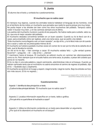 9
3° GRADO
PROPUESTA DE EVALUACIÓN DE LA COMPRENSIÓN LECTORA 2014
El muchacho que no sabía cazar
En tiempos muy lejanos, cuando los animales todavía hablaban el lenguaje de los hombres, vivía
en el territorio de los indios un muchacho que pensaba que nadie le quería porque era muy torpe.
No podía trepar a los árboles tan bien como los otros muchachos del poblado. Tampoco sabía
nadar ni bucear muy bien, y en las carreras siempre era el último.
Los padres del muchacho murieron cuando él era pequeño. No había nadie para cuidarle, salvo su
tío, que era el mejor cazador del poblado.
El muchacho deseaba convertirse también en un buen cazador. Cuando su tío le llevó con él a
cazar, para enseñarle cómo ser sigiloso, pisó una rama seca, que se partió y les delató.
“Este muchacho nunca llegará a ser un buen cazador”, se dijo el tío, y no lo llevó más con él cuando
iba a cazar y cada vez se preocupaba menos de él.
El muchacho se hubiera quedado muchas veces sin comer de no ser por la niña de la cabaña de al
lado, que le llevaba la comida.
Un día el tío le dijo: —Ven conmigo a cazar. El muchacho estaba felíz: —¿De verdad quieres
llevarme? —preguntó. —Sí —dijo el tío—. ¡Vamos!
Y marcharon hacia el bosque. El muchacho se esforzó mucho en caminar tan silenciosamente
como su tío. Pero siempre que en el suelo había una rama seca, la pisaba, a pesar del cuidado que
ponía en no hacerlo.
El tío no dijo ni una sola palabra y siguió caminando, adentrándose más en el bosque. Cuando ya
habían caminado tanto que el muchacho no sabría encontrar el camino de regreso al poblado, dijo
el tío: —Quédate aquí y espérame.
El muchacho se sentó en el musgo y esperó. Llegó la tarde. Llegó la noche. Bajo los árboles se hizo
aún más oscuro. El tío no regresó...
Hermano de los osos (Adaptación MTP) (7-16) Käthe Recheis. (2002)
Libros del Rincón. Biblioteca de Aula. pasos de Luna
El alumno lee el texto y contesta los cuestionamientos.
5. Junio
Cuestionamientos
Aspecto 1. Identifica la idea principal de un texto.
¿Cuál es la idea principal del texto “El muchacho que no sabía cazar”?
Aspecto 2. Localiza información específica en un texto, tabla o gráfica.
¿Por qué el tío no quería llevar al muchacho a cazar?
Aspecto 3. Utiliza la información contenida en un texto para desarrollar un argumento.
¿Por qué el tío abandonó al muchacho en el bosque?
 