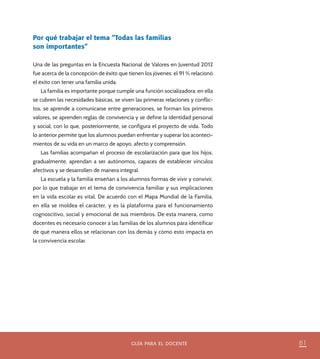 81guía para el docente
Por qué trabajar el tema “Todas las familias
son importantes”
Una de las preguntas en la Encuesta Nacional de Valores en Juventud 2012
fue acerca de la concepción de éxito que tienen los jóvenes: el 91 % relacionó
el éxito con tener una familia unida.
La familia es importante porque cumple una función socializadora: en ella
se cubren las necesidades básicas, se viven las primeras relaciones y conflic-
tos, se aprende a comunicarse entre generaciones, se forman los primeros
valores, se aprenden reglas de convivencia y se define la identidad personal
y social, con lo que, posteriormente, se configura el proyecto de vida. Todo
lo anterior permite que los alumnos puedan enfrentar y superar los aconteci-
mientos de su vida en un marco de apoyo, afecto y comprensión.
Las familias acompañan el proceso de escolarización para que los hijos,
gradualmente, aprendan a ser autónomos, capaces de establecer vínculos
afectivos y se desarrollen de manera integral.
La escuela y la familia enseñan a los alumnos formas de vivir y convivir,
por lo que trabajar en el tema de convivencia familiar y sus implicaciones
en la vida escolar es vital. De acuerdo con el Mapa Mundial de la Familia,
en ella se moldea el carácter, y es la plataforma para el funcionamiento
cognoscitivo, social y emocional de sus miembros. De esta manera, como
docentes es necesario conocer a las familias de los alumnos para identificar
de qué manera ellos se relacionan con los demás y cómo esto impacta en
la convivencia escolar.
PACE-DOCENTE-P-79-96.indd 81 17/10/14 13:33
 