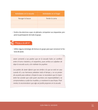 91guía para el docente
Actividades en la escuela Actividades en el hogar
Recoger la basura Tender la cama
•	 Invite a los alumnos a que, en plenaria, compartan sus respuestas; pro-
picie la participación de todo el grupo.
•	 Utilice alguna estrategia de lectura en grupo para que conozcan la his-
toria de Javier.
¡Manos a la obra!
Javier comentó a sus padres que en la escuela hubo un conflicto
entre el turno matutino y el vespertino, pues ambos se culpaban de
dejar la escuela sucia y de maltratar los pupitres.
Los padres de Javier dijeron que era similar a lo que se vivió en casa
cuando él y sus hermanos peleaban todo el tiempo, y no se ponían
de acuerdo para ordenar y limpiar la casa. Le recordaron que lo impor-
tante fue acordar que cada quien asumiera una responsabilidad y se
comprometiera a cuidar los muebles y a mantener la casa limpia. Final-
mente, le recomendaron que algo así podría proponer en la escuela.
PACE-DOCENTE-P-79-96.indd 91 17/10/14 13:33
 