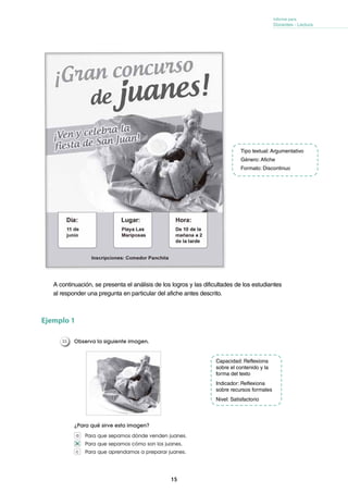15
Informe para
Docentes - Lectura
Tipo textual: Argumentativo
Género: Afiche
Formato: Discontinuo
A continuación, se presenta el análisis de los logros y las dificultades de los estudiantes
al responder una pregunta en particular del afiche antes descrito.
Ejemplo 1
Capacidad: Reflexiona
sobre el contenido y la
forma del texto
Indicador: Reflexiona
sobre recursos formales
Nivel: Satisfactorio
Observa la siguiente imagen.
¿Para qué sirve esta imagen?
Para que sepamos dónde venden juanes.
Para que sepamos cómo son los juanes.
Para que aprendamos a preparar juanes.
33.
a
b
c
 
