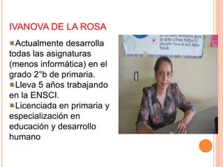 IVANOVA DE LA ROSA
Actualmente desarrolla
todas las asignaturas
(menos informática) en el
grado 2°b de primaria.
Lleva 5 años trabajando
en la ENSCI.
Licenciada en primaria y
especialización en
educación y desarrollo
humano