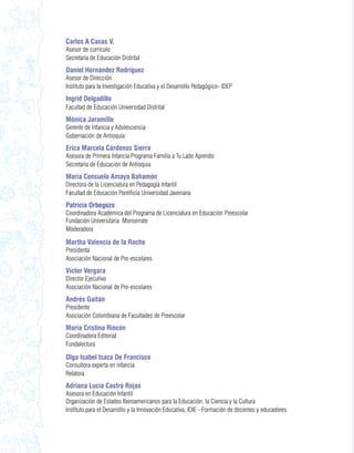 Carlos A Casas V.
Asesor de currículo
Secretaría de Educación Distrital
Daniel Hernández Rodríguez
Asesor de Dirección
Instituto para la Investigación Educativa y el Desarrollo Pedagógico- IDEP
Ingrid Delgadillo
Facultad de Educación Universidad Distrital
Mónica Jaramillo
Gerente de Infancia y Adolescencia
Gobernación de Antioquia
Erica Marcela Cárdenas Sierra
Asesora de Primera Infancia Programa Familia a Tu Lado Aprendo
Secretaría de Educación de Antioquia
María Consuelo Amaya Bahamón
Directora de la Licenciatura en Pedagogía Infantil
Facultad de Educación Pontificia Universidad Javeriana
Patricia Orbegozo
Coordinadora Académica del Programa de Licenciatura en Educación Preescolar
Fundación Universitaria Monserrate
Moderadora

Martha Valencia de la Roche
Presidenta
Asociación Nacional de Pre-escolares
Víctor Vergara
Director Ejecutivo
Asociación Nacional de Pre-escolares
Andrés Gaitán
Presidente
Asociación Colombiana de Facultades de Preescolar
María Cristina Rincón
Coordinadora Editorial
Fundalectura

Olga Isabel Isaza De Francisco
Consultora experta en infancia
Relatora
Adriana Lucía Castro Rojas
Asesora en Educación Infantil
Organización de Estados Iberoamericanos para la Educación, la Ciencia y la Cultura
Instituto para el Desarrollo y la Innovación Educativa, IDIE - Formación de docentes y educadores
 
