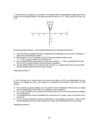 4. Un estudiante, le pregunta a su profesor si es posible hallar la representación algebraica de una 
función con la siguiente gráfica, si se sabe que tiene mínimo en (1/2 , 23/4) y corte con el eje Y en 
(0,7) 
De las siguientes opciones, ¿cuál considera debería ser la respuesta del docente? 
A. que no siempre es posible encontrar la representación algebraica de una función cuadrática a 
56 
partir de su representación gráfica. 
B. Que los datos no son suficientes, ya que lo único que podemos saber es que 
½ = - b/2a, y que la constante de la función es 7 
C. que es posible hallarla, pensando en resolver la ecuación ½ = - b/2a y reemplazando el valor 
de a y b en la ecuación general de las funciones cuadráticas 
D. que es posible hallarla con el punto de corte en el eje Y, y cualquier otro punto, ya que a partir 
de ellos podemos saber las raíces de la ecuación 
Respuesta correcta: C 
5. En el noticiero de la noche anterior se anunció que había un 20% de probabilidades de que 
lloviera y en realidad no llovió. Con relación a la afirmación del noticiero, usted diría no llovió 
porque: 
A. Era uno de los sucesos posibles y era el que tenía mayor probabilidad. Habría error si se dijera 
que la probabilidad era del 100% y no sucediera lo que se predecía. 
B. Es un error cuantificar la ocurrencia de un fenómeno del cual no se conocen todas las variables 
que lo determinan. 
C. La probabilidad sólo mide la posibilidad de ocurrencia de un suceso, más no la certeza de su 
ocurrencia. 
D. Tal vez los que calcularon el dato se equivocaron o el periodista se equivocó y leyó un 20% 
de probabilidades de que lloviera cuando era un 20% de probabilidades de que no lloviera 
Respuesta correcta: C 
 