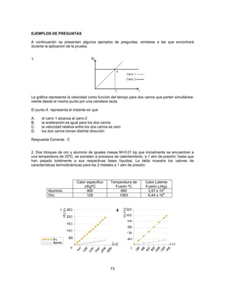 EJEMPLOS DE PREGUNTAS 
A continuación se presentan algunos ejemplos de preguntas, similares a las que encontrará 
durante la aplicación de la prueba. 
73 
1. 
La gráfica representa la velocidad como función del tiempo para dos carros que parten simultánea-mente 
desde el mismo punto por una carretera recta 
El punto A representa el instante en que 
A. el carro 1 alcanza al carro 2 
B. la aceleración es igual para los dos carros 
C. la velocidad relativa entre los dos carros es cero 
D. los dos carros toman distinta dirección 
Respuesta Correcta: C 
2. Dos bloques de oro y aluminio de iguales masas M=0,01 kg que inicialmente se encuentran a 
una temperatura de 25ºC, se someten a procesos de calentamiento, a 1 atm de presión; hasta que 
han pasado totalmente a sus respectivas fases líquidas. La tabla muestra los valores de 
características termodinámicas para los 2 metales a 1 atm de presión: 
Calor específico 
J/KgºC 
Temperatura de 
Fusión ºC 
Calor Latente 
Fusión (J/kg) 
Aluminio 900 660 3,97 x 105 
Oro 129 1063 6,44 x 104 
 