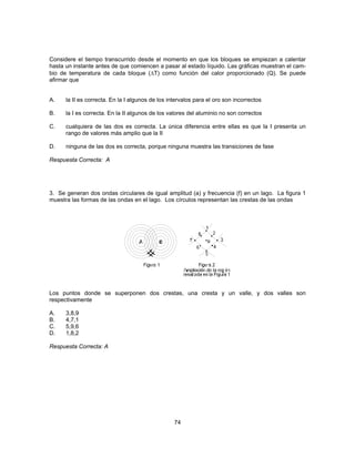 Considere el tiempo transcurrido desde el momento en que los bloques se empiezan a calentar 
hasta un instante antes de que comiencen a pasar al estado líquido. Las gráficas muestran el cam-bio 
de temperatura de cada bloque (ΔT) como función del calor proporcionado (Q). Se puede 
74 
afirmar que 
A. la II es correcta. En la I algunos de los intervalos para el oro son incorrectos 
B. la I es correcta. En la II algunos de los valores del aluminio no son correctos 
C. cualquiera de las dos es correcta. La única diferencia entre ellas es que la I presenta un 
rango de valores más amplio que la II 
D. ninguna de las dos es correcta, porque ninguna muestra las transiciones de fase 
Respuesta Correcta: A 
3. Se generan dos ondas circulares de igual amplitud (a) y frecuencia (f) en un lago. La figura 1 
muestra las formas de las ondas en el lago. Los círculos representan las crestas de las ondas 
Los puntos donde se superponen dos crestas, una cresta y un valle, y dos valles son 
respectivamente 
A. 3,8,9 
B. 4,7,1 
C. 5,9,6 
D. 1,8,2 
Respuesta Correcta: A 
 
