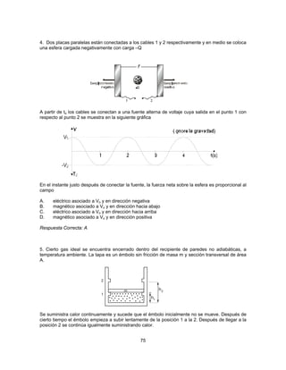 4. Dos placas paralelas están conectadas a los cables 1 y 2 respectivamente y en medio se coloca 
una esfera cargada negativamente con carga –Q 
A partir de to los cables se conectan a una fuente alterna de voltaje cuya salida en el punto 1 con 
respecto al punto 2 se muestra en la siguiente gráfica 
En el instante justo después de conectar la fuente, la fuerza neta sobre la esfera es proporcional al 
campo 
A. eléctrico asociado a Vo y en dirección negativa 
B. magnético asociado a Vo y en dirección hacia abajo 
C. eléctrico asociado a Vo y en dirección hacia arriba 
D. magnético asociado a Vo y en dirección positiva 
Respuesta Correcta: A 
5. Cierto gas ideal se encuentra encerrado dentro del recipiente de paredes no adiabáticas, a 
temperatura ambiente. La tapa es un émbolo sin fricción de masa m y sección transversal de área 
A. 
Se suministra calor continuamente y sucede que el émbolo inicialmente no se mueve. Después de 
cierto tiempo el émbolo empieza a subir lentamente de la posición 1 a la 2. Después de llegar a la 
posición 2 se continúa igualmente suministrando calor. 
75 
 