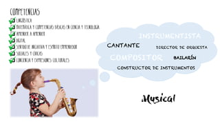 INSTRUMENTISTA
CANTANTE
BAILARÍNCOMPOSITOR
Musical
COMPETENCIAS
q LingÜística
q Matemática y competencias básicas en cienc...