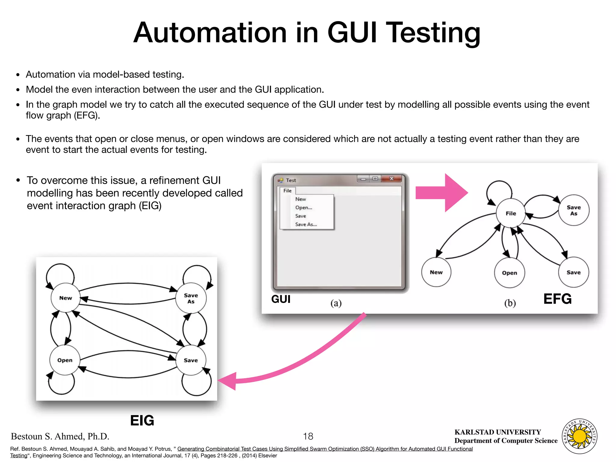 Computer Science
KARLSTAD UNIVERSITY
Department of Computer Science
Bestoun S. Ahmed, Ph.D.
Automation in GUI Testing
• Automation via model-based testing. 

• Model the even interaction between the user and the GUI application. 

• In the graph model we try to catch all the executed sequence of the GUI under test by modelling all possible events using the event
flow graph (EFG). 

• The events that open or close menus, or open windows are considered which are not actually a testing event rather than they are
event to start the actual events for testing.
18
• To overcome this issue, a refinement GUI
modelling has been recently developed called
event interaction graph (EIG)
GUI EFG
EIG
Ref. Bestoun S. Ahmed, Mouayad A. Sahib, and Moayad Y. Potrus, ” Generating Combinatorial Test Cases Using Simplified Swarm Optimization (SSO) Algorithm for Automated GUI Functional
Testing“, Engineering Science and Technology, an International Journal, 17 (4), Pages 218-226 , (2014) Elsevier
 