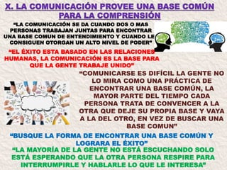 “LA COMUNICACIÓN SE DA CUANDO DOS O MAS
PERSONAS TRABAJAN JUNTAS PARA ENCONTRAR
UNA BASE COMUN DE ENTENDIMIENTO Y CUANDO LES
CONSIGUEN OTORGAN UN ALTO NIVEL DE PODER”
“BUSQUE LA FORMA DE ENCONTRAR UNA BASE COMÚN Y
LOGRARA EL ÉXITO”
“EL ÉXITO ESTA BASADO EN LAS RELACIONES
HUMANAS, LA COMUNICACIÓN ES LA BASE PARA
QUE LA GENTE TRABAJE UNIDO”
“COMUNICARSE ES DIFÍCIL LA GENTE NO
LO MIRA COMO UNA PRÁCTICA DE
ENCONTRAR UNA BASE COMÚN, LA
MAYOR PARTE DEL TIEMPO CADA
PERSONA TRATA DE CONVENCER A LA
OTRA QUE DEJE SU PROPIA BASE Y VAYA
A LA DEL OTRO, EN VEZ DE BUSCAR UNA
BASE COMUN”
“LA MAYORÍA DE LA GENTE NO ESTÁ ESCUCHANDO SOLO
ESTÁ ESPERANDO QUE LA OTRA PERSONA RESPIRE PARA
INTERRUMPIRLE Y HABLARLE LO QUE LE INTERESA”
 