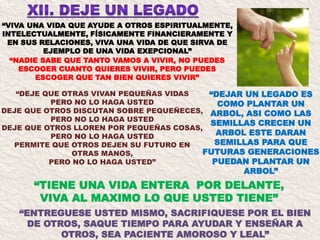 “VIVA UNA VIDA QUE AYUDE A OTROS ESPIRITUALMENTE,
INTELECTUALMENTE, FÍSICAMENTE FINANCIERAMENTE Y
EN SUS RELACIONES, VIVA UNA VIDA DE QUE SIRVA DE
EJEMPLO DE UNA VIDA EXEPCIONAL”
“DEJAR UN LEGADO ES
COMO PLANTAR UN
ARBOL, ASI COMO LAS
SEMILLAS CRECEN UN
ARBOL ESTE DARAN
SEMILLAS PARA QUE
FUTURAS GENERACIONES
PUEDAN PLANTAR UN
ARBOL”
“NADIE SABE QUE TANTO VAMOS A VIVIR, NO PUEDES
ESCOGER CUANTO QUIERES VIVIR, PERO PUEDES
ESCOGER QUE TAN BIEN QUIERES VIVIR”
“DEJE QUE OTRAS VIVAN PEQUEÑAS VIDAS
PERO NO LO HAGA USTED
DEJE QUE OTROS DISCUTAN SOBRE PEQUEÑECES,
PERO NO LO HAGA USTED
DEJE QUE OTROS LLOREN POR PEQUEÑAS COSAS,
PERO NO LO HAGA USTED
PERMITE QUE OTROS DEJEN SU FUTURO EN
OTRAS MANOS,
PERO NO LO HAGA USTED”
“TIENE UNA VIDA ENTERA POR DELANTE,
VIVA AL MAXIMO LO QUE USTED TIENE”
“ENTREGUESE USTED MISMO, SACRIFIQUESE POR EL BIEN
DE OTROS, SAQUE TIEMPO PARA AYUDAR Y ENSEÑAR A
OTROS, SEA PACIENTE AMOROSO Y LEAL”
 