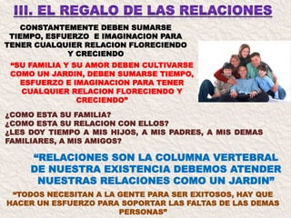 CONSTANTEMENTE DEBEN SUMARSE
TIEMPO, ESFUERZO E IMAGINACION PARA
TENER CUALQUIER RELACION FLORECIENDO
Y CRECIENDO
“RELACIONES SON LA COLUMNA VERTEBRAL
DE NUESTRA EXISTENCIA DEBEMOS ATENDER
NUESTRAS RELACIONES COMO UN JARDIN”
“SU FAMILIA Y SU AMOR DEBEN CULTIVARSE
COMO UN JARDIN, DEBEN SUMARSE TIEMPO,
ESFUERZO E IMAGINACION PARA TENER
CUALQUIER RELACION FLORECIENDO Y
CRECIENDO”
¿COMO ESTA SU FAMILIA?
¿COMO ESTA SU RELACION CON ELLOS?
¿LES DOY TIEMPO A MIS HIJOS, A MIS PADRES, A MIS DEMAS
FAMILIARES, A MIS AMIGOS?
“TODOS NECESITAN A LA GENTE PARA SER EXITOSOS, HAY QUE
HACER UN ESFUERZO PARA SOPORTAR LAS FALTAS DE LAS DEMAS
PERSONAS”
 