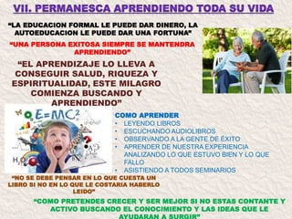 “LA EDUCACION FORMAL LE PUEDE DAR DINERO, LA
AUTOEDUCACION LE PUEDE DAR UNA FORTUNA”
COMO APRENDER
• LEYENDO LIBROS
• ESCUCHANDO AUDIOLIBROS
• OBSERVANDO A LA GENTE DE ÉXITO
• APRENDER DE NUESTRA EXPERIENCIA
ANALIZANDO LO QUE ESTUVO BIEN Y LO QUE
FALLO
• ASISTIENDO A TODOS SEMINARIOS
“UNA PERSONA EXITOSA SIEMPRE SE MANTENDRA
APRENDIENDO”
“EL APRENDIZAJE LO LLEVA A
CONSEGUIR SALUD, RIQUEZA Y
ESPIRITUALIDAD, ESTE MILAGRO
COMIENZA BUSCANDO Y
APRENDIENDO”
“NO SE DEBE PENSAR EN LO QUE CUESTA UN
LIBRO SI NO EN LO QUE LE COSTARIA HABERLO
LEIDO”
“COMO PRETENDES CRECER Y SER MEJOR SI NO ESTAS CONTANTE Y
ACTIVO BUSCANDO EL CONOCIMIENTO Y LAS IDEAS QUE LE
 