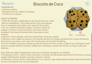 INGREDIENTES
2 bananas madura
100 gramas de coco ralado (1/4 xícaras)
1/2 xícara de uva passas
MODO DE PREPARO
1 Antes de começar a preparação do seu biscoito de coco, reúna
todos os ingredientes. Como pode vericar são muito poucos,
mas os necessários para realizar esta receita de forma fácil.
2 Em um recipiente profundo coloque a banana cortada em
pedaços e comece a triturar até obter uma massa macia e
manejável. Esta massa de banana será a base para os seus
biscoitos.
A banana é muito utilizada, tanto para sobremesas como para saladas.
3 Adicione o coco ralado aos poucos e vá mexendo até que se incorpore perfeitamente à massa de banana.
Está pronta a sua massa, sem ovos e sem farinha para uns biscoitos fantásticos.
4 Em um refratário para assar, coloque porções de massa em forma circular. O ideal é que não quem muito
grossas e quando estiverem prontas, coloque por cima passas a gosto para lhe dar um toque ainda mais
saboroso.
Dica: Pode usar papel manteiga para evitar que os biscoitos de peguem ao refratário.
5 Pré-aqueça o forno a 180ºC e leve os biscoitos a cozinhar durante aproximadamente 20 minutos ou até que
estejam perfeitamente assados e de lado comecem a dourar.
6 Finalmente, retire do forno e deixe esfriar por uns minutos. Logo poderá desfrutar destes deliciosos biscoitos
de coco. Acompanhe com um suco delicioso!
Receita 10
Biscoito de Coco
30m 4 Convidados
 